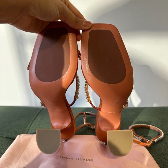 Amina Muaddi Gilda Embellished Ankle Strap Sandal Heels in Orange Satin - Picture 4 of 6